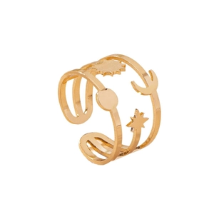 Bohemian gold layered open ring featuring sun moon and star celestial design elements