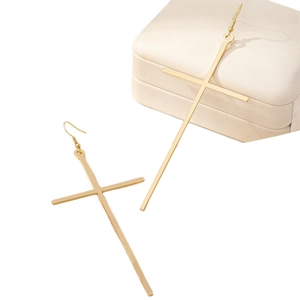 Minimalist gold long cross drop earrings for women in punk vintage aesthetic style