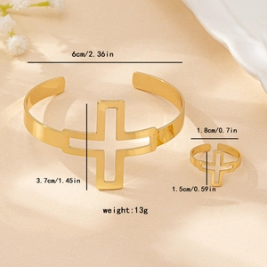 Golden hollow cross open cuff bracelet and ring set for women in minimalist style