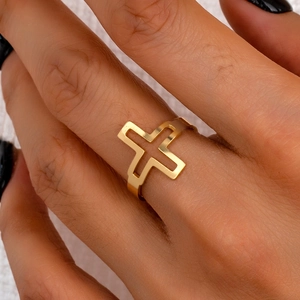 Cross Ring Alloy Gold Plated Hollow Cutout Adjustable Open Design Minimalist Vintage Hip Hop Religious Jewelry Unisex