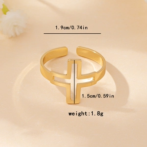 Minimalist gold open ring with hollow cross design including size and weight specs