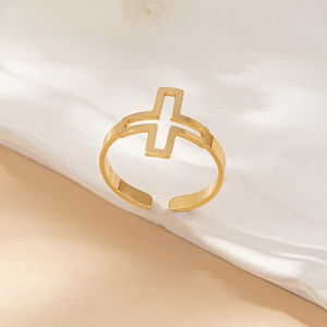 Minimalist gold hollow cross open ring with polished finish in vintage religious style