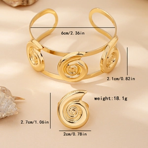 Golden spiral conch jewelry set with adjustable cuff bracelet and matching ring