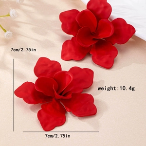 Exaggerated large red floral stud earrings with matte finish and elegant vintage style