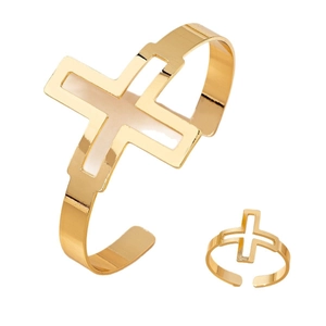 Golden cross cutout open cuff bracelet and matching ring set with polished finish