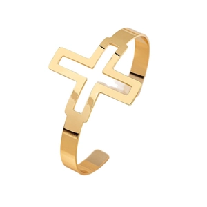 Minimalist gold-plated open cuff bracelet with hollow cross design on a white background