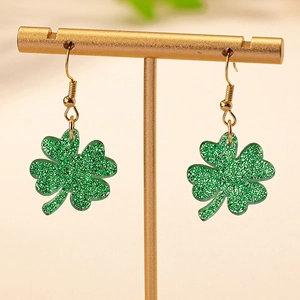 Sparkling green four leaf clover earrings with golden hooks for Saint Patrick's Day