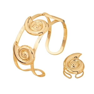 Golden spiral conch style jewelry set featuring adjustable open bangle and matching ring