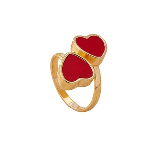 Vintage gold ring with double red heart design and polished finish for women