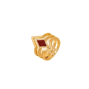 Modern gold-plated triple-layer hollow ring with a red geometric diamond centerpiece