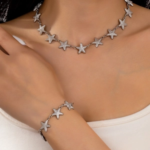 Starfish Star Necklace And Bracelet For Women Zinc Alloy Pave Cubic Zirconia Chic Minimalist Sweet Style