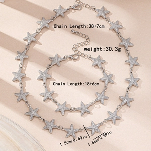 Chic silver starfish necklace and bracelet jewelry set with sparkling zircon stones