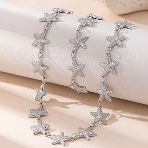 Close-up of silver starfish necklace with textured details on a white display stand