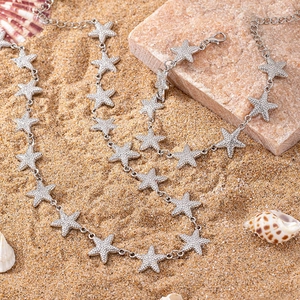 Summer starfish jewelry set with crystal necklace and bracelet on beach background