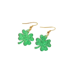 Green glitter shamrock drop earrings with gold hooks for Saint Patrick's Day