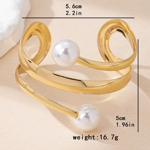 Minimalist double-layer gold spiral open cuff bracelet featuring two white pearls for women