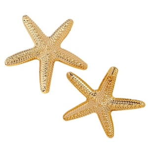 Golden starfish stud earrings with realistic textured surface on a white background