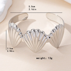 Minimalist silver open seashell cuff bracelet with polished mirror finish for women