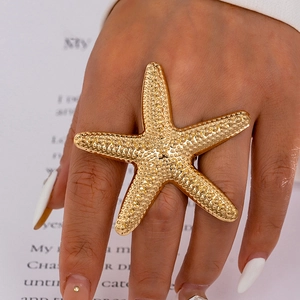 Gold Color Oversized Starfish Ring Alloy Textured Bubble Surface Bold Statement Vacation Jewelry For Women