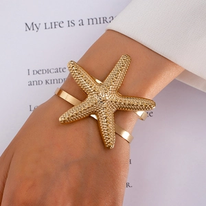 Bracciale Rigido Aperto Stella Marina Lega Placcata Oro Testurizzato Marino Vacanze Estive Spiaggia Stile Boho Donna