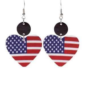 Handcrafted US flag heart earrings with wooden top for Independence Day jewelry