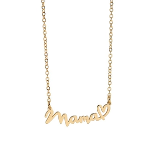 Minimalist gold Mama letter necklace with heart pendant on a delicate chain