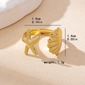 Gold ocean star and scallop open adjustable ring with weight and dimension details