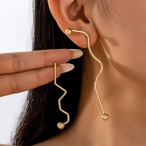 Minimalist Geometric Line Drop Earrings Iron Alloy Asymmetric Wave Zigzag Metallic Ball Jewelry For Women