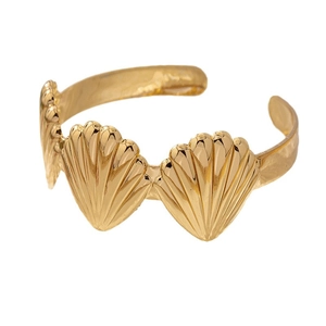 Minimalist gold shell open bangle with mirror polish for ocean vacation style