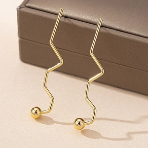 Modern zigzag geometric drop earrings with gold metallic beads for women's daily wear