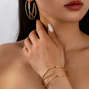 Geometric Multilayer Hollow Alloy Jewelry With Hoop Earrings And Open Bangle For Women Fashion Minimalist Gold Plated