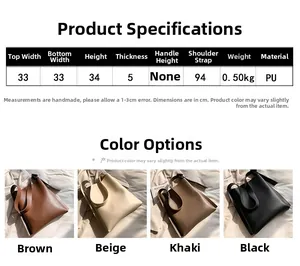 Detailed size chart and specifications for the large capacity PU leather tote shoulder bag