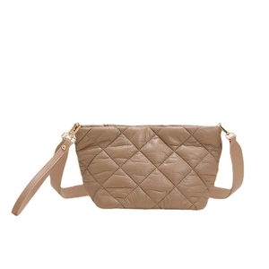 Quilted khaki leather bucket bag with diamond stitching and adjustable shoulder strap