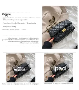Detail view of black quilted chain bag showing dimensions 25x15x8cm and size comparison