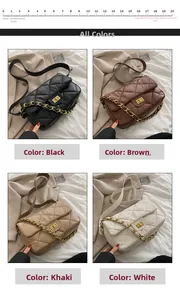 Sac bandoulière matelassé disponible en noir, marron, kaki et blanc avec chaîne en métal