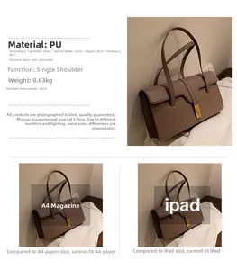Brown PU leather bag size 32x18x8cm with gold buckle and iPad size comparison view