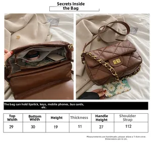 Guide des tailles détaillé pour sac bandoulière matelassé marron avec chaîne et poches
