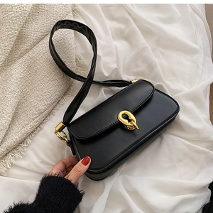Detail der schwarzen Ledertasche mit goldener Hufeisenschnalle auf strukturiertem Stoff