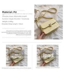 Detailed specs showing crocodile pattern handbag dimensions 21x16x6cm and adjustable strap