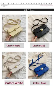Detail of crocodile pattern small square bags in four colors with gold buckle and strap