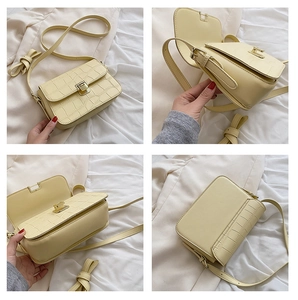 Detail shots of light yellow crossbody bag featuring crocodile pattern and gold buckle