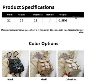 Detailed sizing chart and material specs for the quilted leather backpack with chain strap