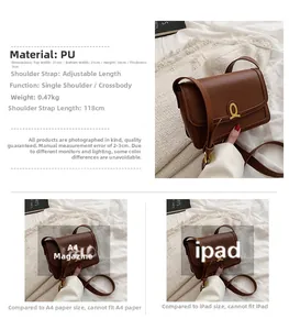 Detailed size specifications of a brown PU leather square bag with metallic buckle detail