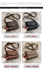 Collage of chic leather crossbody bags in coffee, black, brown, and khaki with gold buckles
