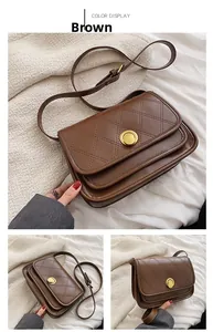 Detail of brown quilted faux leather crossbody bag featuring a golden circular twist lock