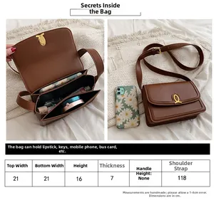 Detailed size guide and interior capacity view of a stylish brown crossbody tofu bag