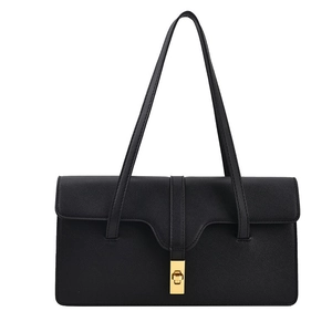 Classic black rectangular shoulder bag with vintage gold twist lock and fine grain leather