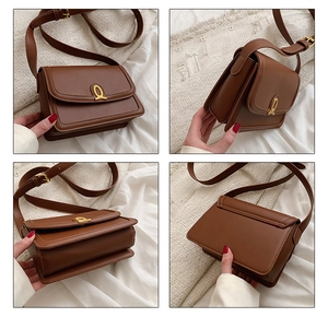 Detail view showing brown matte leather bag with golden buckle and accordion side gussets