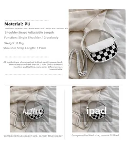 Détails du mini sac selle à damier en cuir PU avec bandoulière réglable et dimensions