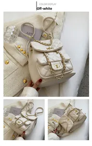 Detailed views of a beige quilted chain backpack with elegant gold-tone metal twist locks